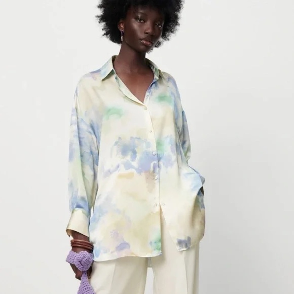 Zara NWT Watercolor Button Up Satin Blouse